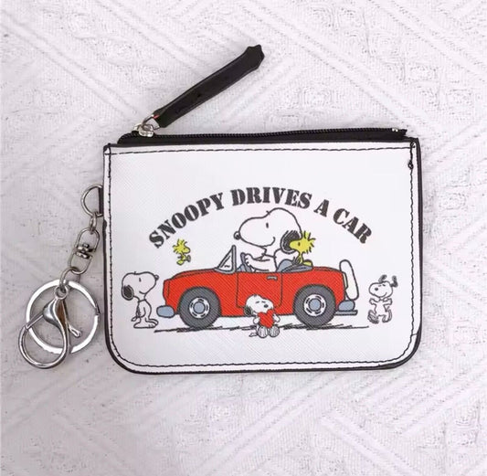 White Snoopy Character Themed Coin Purse Card Holder ID Wallet Keychain