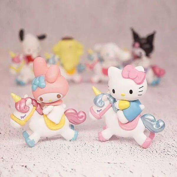 6pcs Kuromi My Melody Cinnamoroll on Unicorn Figures Hello Kitty Pochacco Doll