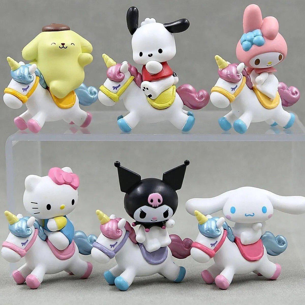 6pcs Kuromi My Melody Cinnamoroll on Unicorn Figures Hello Kitty Pochacco Doll